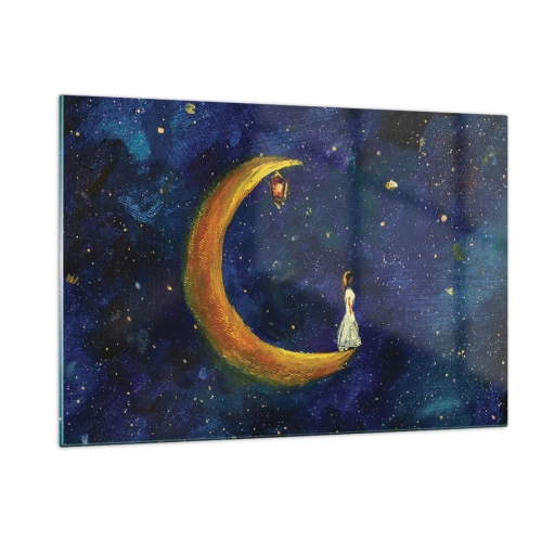 Quadro su vetro - Una figura sulla luna nel cielo notturno - 120x80cm - Il richiamo del mondo - Decorazione murale moderna per soggiorno e camera da letto ARTTOR