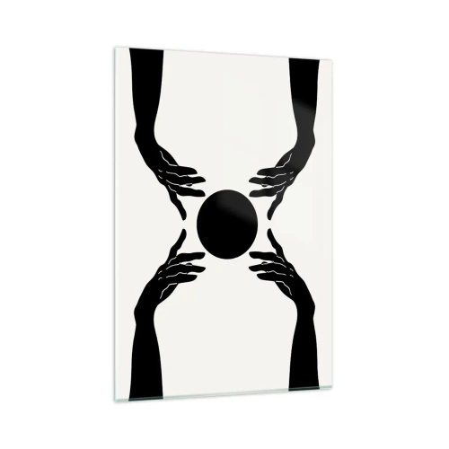 Quadro su vetro - Mani nere in una composizione simmetrica con una palla - 80x120cm - Segno misterioso - Decorazione murale moderna per soggiorno e camera da letto ARTTOR