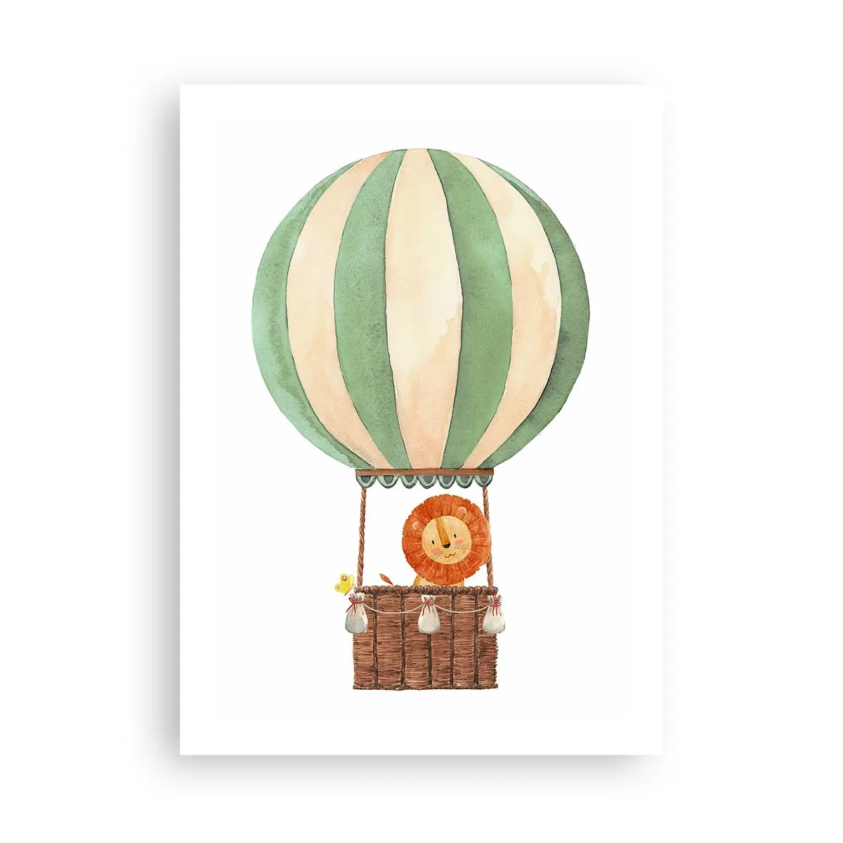 Poster - Una bella illustrazione ad acquerello di un leone che viaggia in mongolfiera su sfondo bianco. - 50x70cm - I viaggi del leone - Decorazione murale moderna per soggiorno e camera da letto ARTTOR