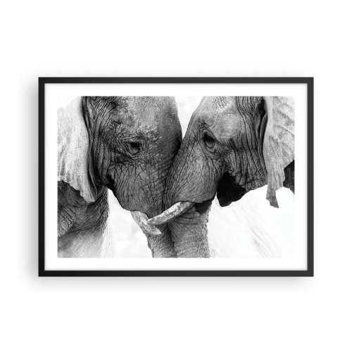 Poster in cornice nera - Due elefanti in un gesto tenero su uno sfondo monocromo - 70x50cm - Dichiarazione sincera - Decorazione murale moderna per soggiorno e camera da letto ARTTOR