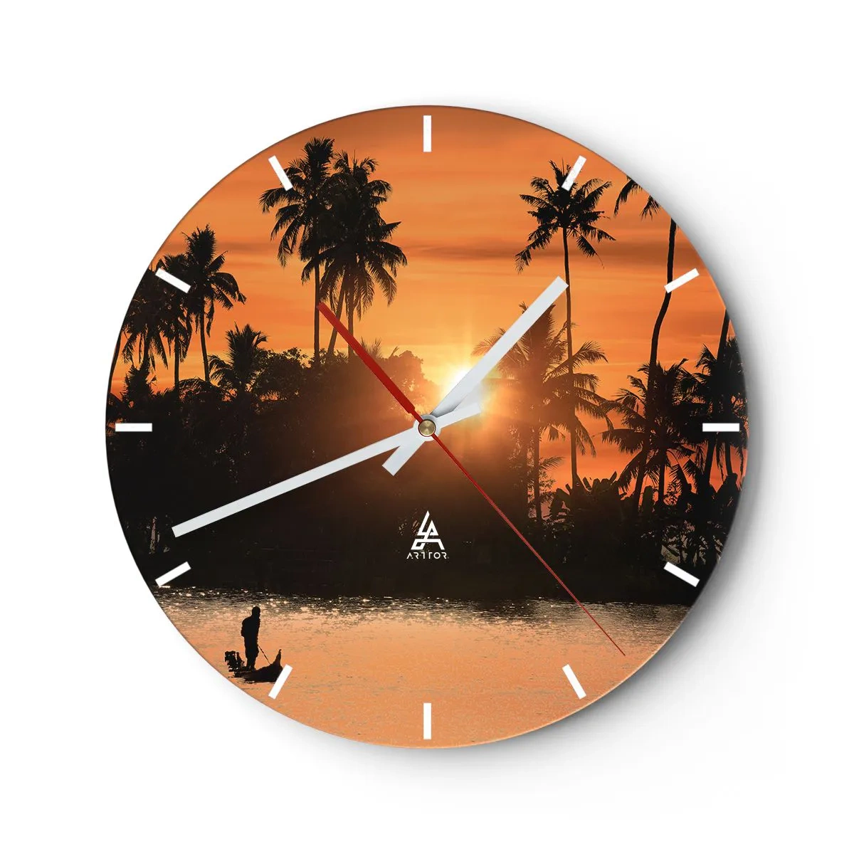 Orologio da parete - Orologio in Vetro - Palme al tramonto su acque calme con la sagoma di un pescatore - 30x30cm - Il tempo del riposo - Decorazione murale moderna per soggiorno, cucina e camera da letto ARTTOR