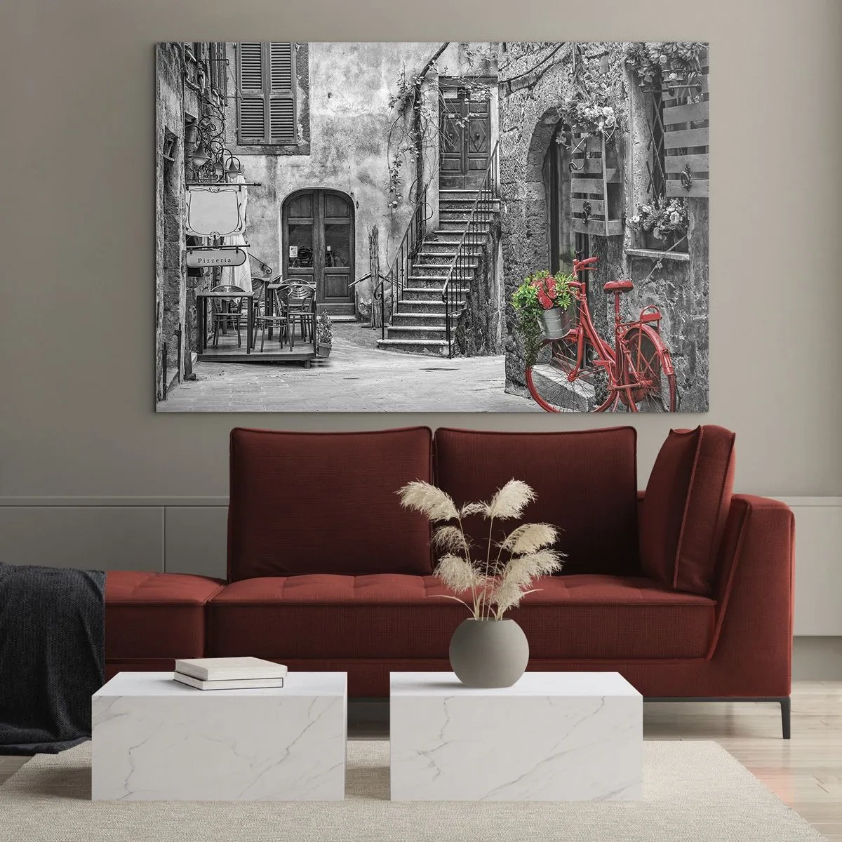 Quadro su vetro - Strada bianca e nera con una bicicletta rossa - 120x80cm - Angolo toscano - Decorazione murale moderna per soggiorno e camera da letto ARTTOR