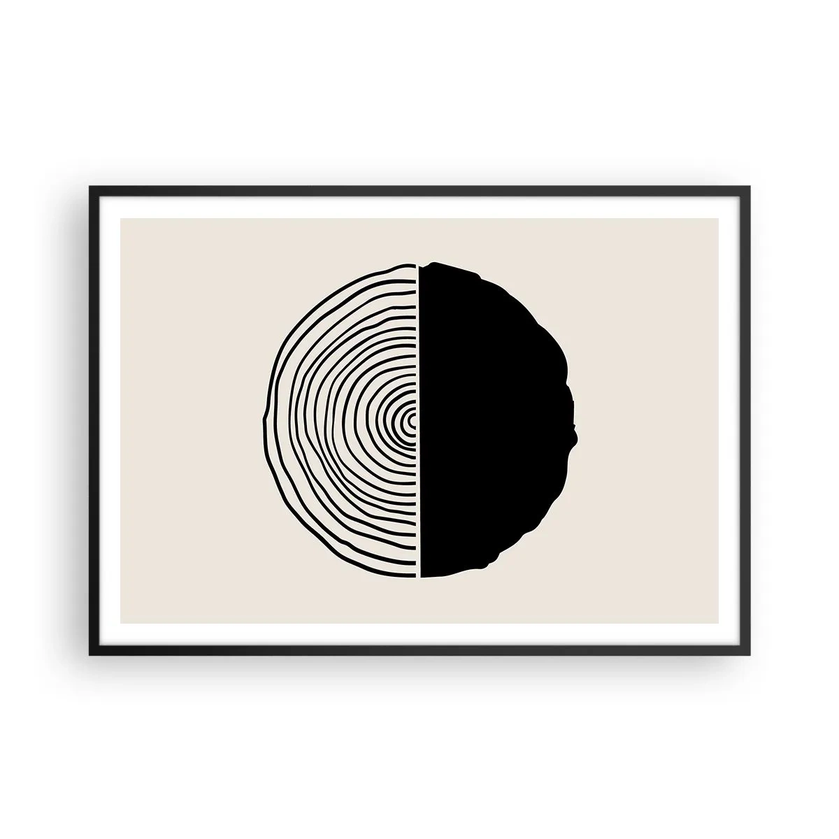 Poster in cornice nera - Un motivo astratto in bianco e nero ispirato a una sezione trasversale di legno con una divisione geometrica. - 100x70cm - A metà - Decorazione murale moderna per soggiorno e camera da letto ARTTOR