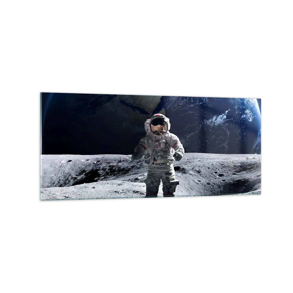 Quadro su vetro - Astronauta sulla superficie della Luna con la Terra sullo sfondo - 120x50cm - Saluti dalla luna - Decorazione murale moderna per soggiorno e camera da letto ARTTOR