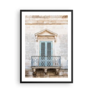 Poster in cornice nera - Balcone storico con persiane blu in stile mediterraneo - 50x70cm - Il fascino unico dell'Italia - Decorazione murale moderna per soggiorno e camera da letto ARTTOR