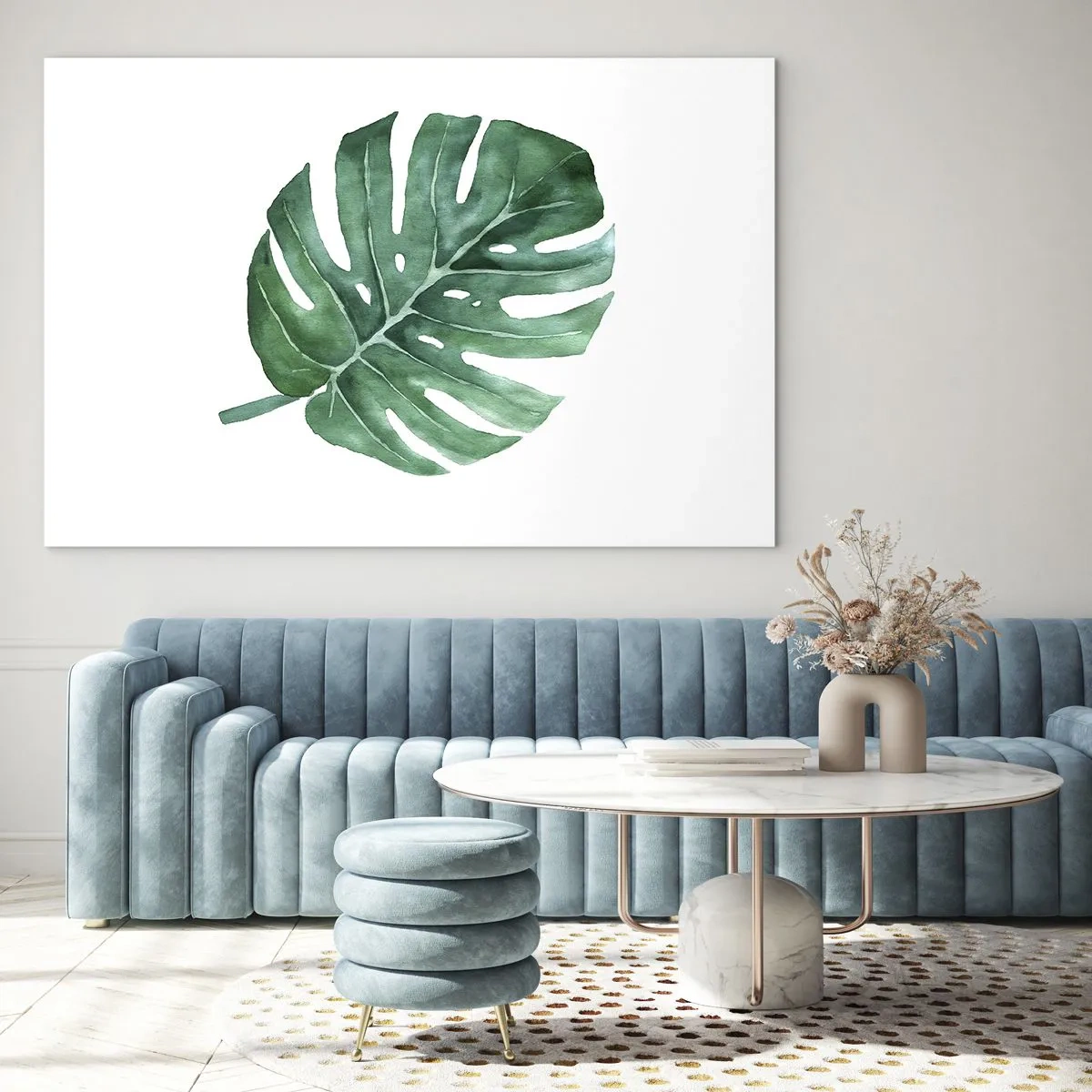 Quadro su vetro - Foglia di monstera verde su sfondo bianco - 120x80cm - Concetto verde - Decorazione murale moderna per soggiorno e camera da letto ARTTOR