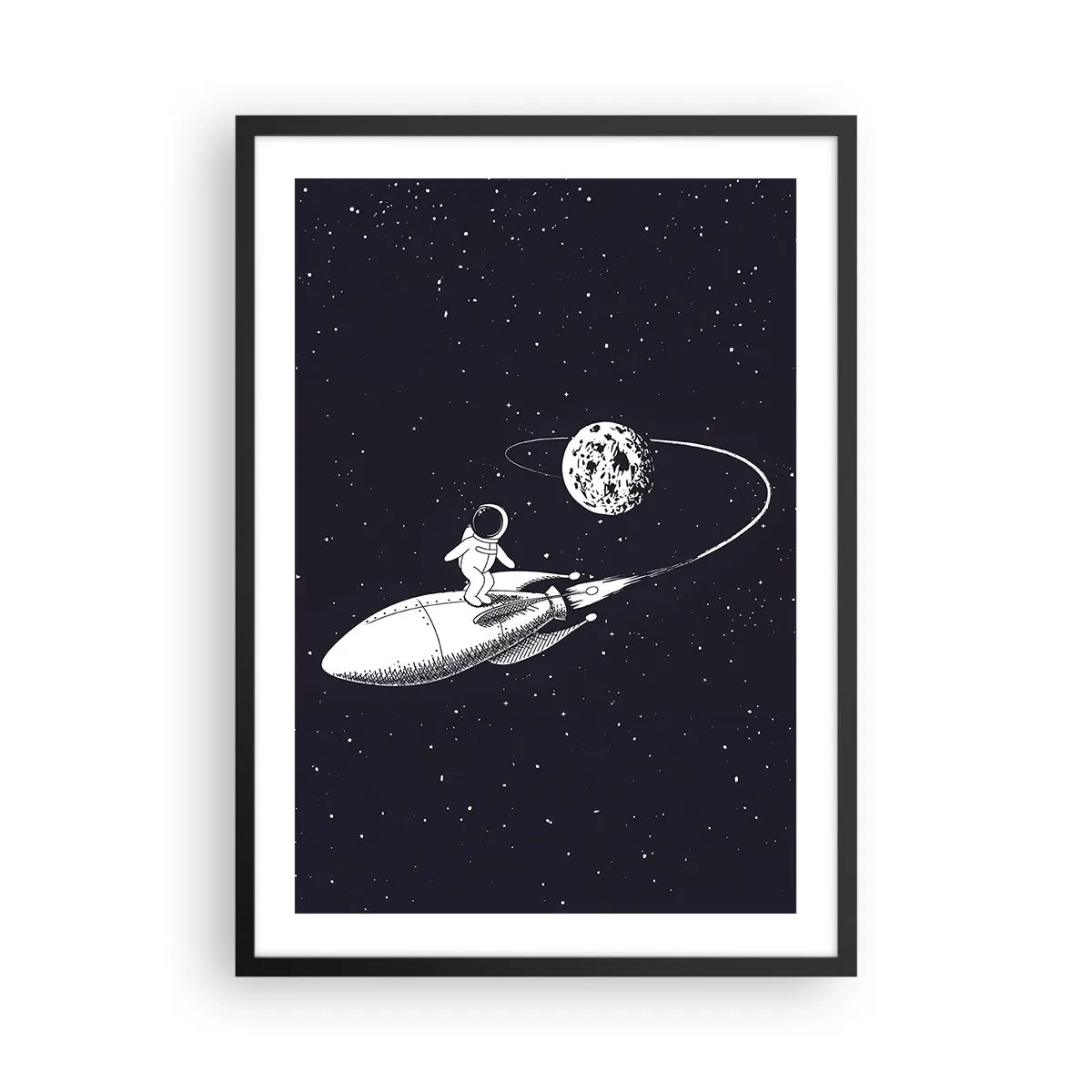 Poster in cornice nera - Un astronauta in piedi su un razzo che vola nello spazio - 50x70cm - Surfista spaziale - Decorazione murale moderna per soggiorno e camera da letto ARTTOR