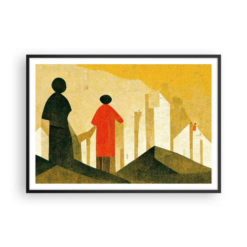 Poster in cornice nera - Silhouette geometriche in rosso e verde su sfondo giallo - 100x70cm - La strada è ancora lunga - Decorazione murale moderna per soggiorno e camera da letto ARTTOR