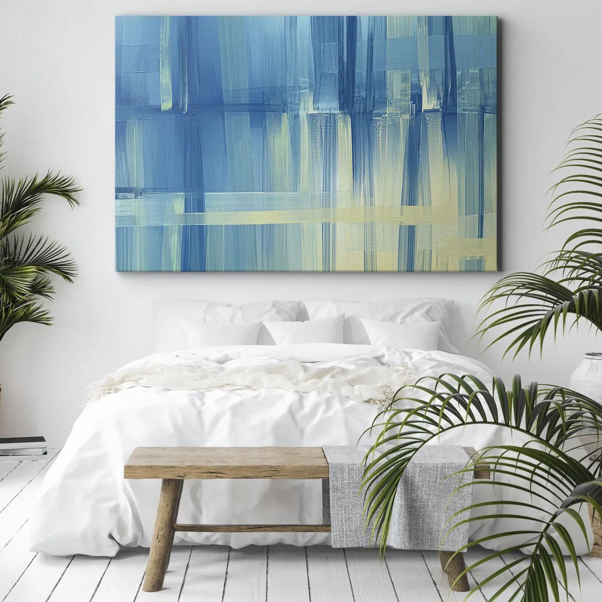 Quadro su tela - Stampe su Tela - Un dipinto astratto nei toni del turchese e del blu con pennellate geometriche. - 70x50cm - Composizione in turchese - Decorazione murale moderna per soggiorno e camera da letto ARTTOR