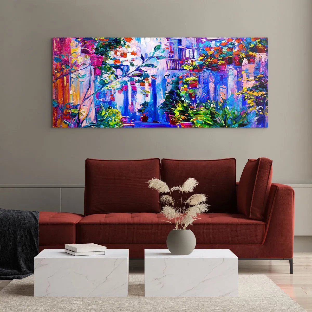 Quadro su vetro - Impressionismo: stradina italiana - 90x30 cm