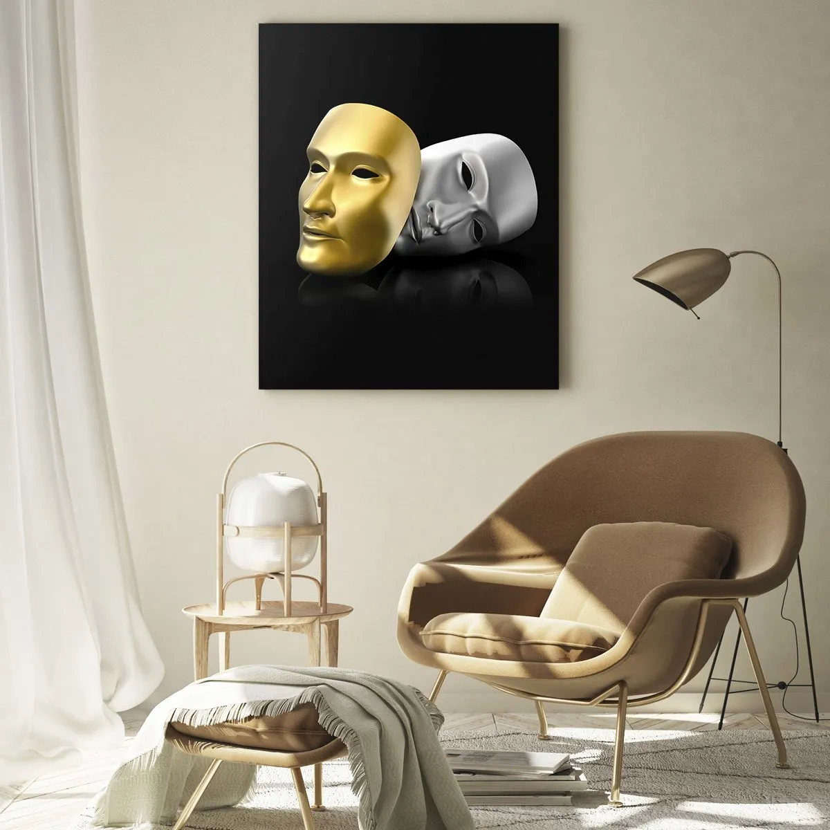 Quadro su vetro - Maschera in oro e argento su sfondo nero - 70x100cm - La vita è teatro - Decorazione murale moderna per soggiorno e camera da letto ARTTOR