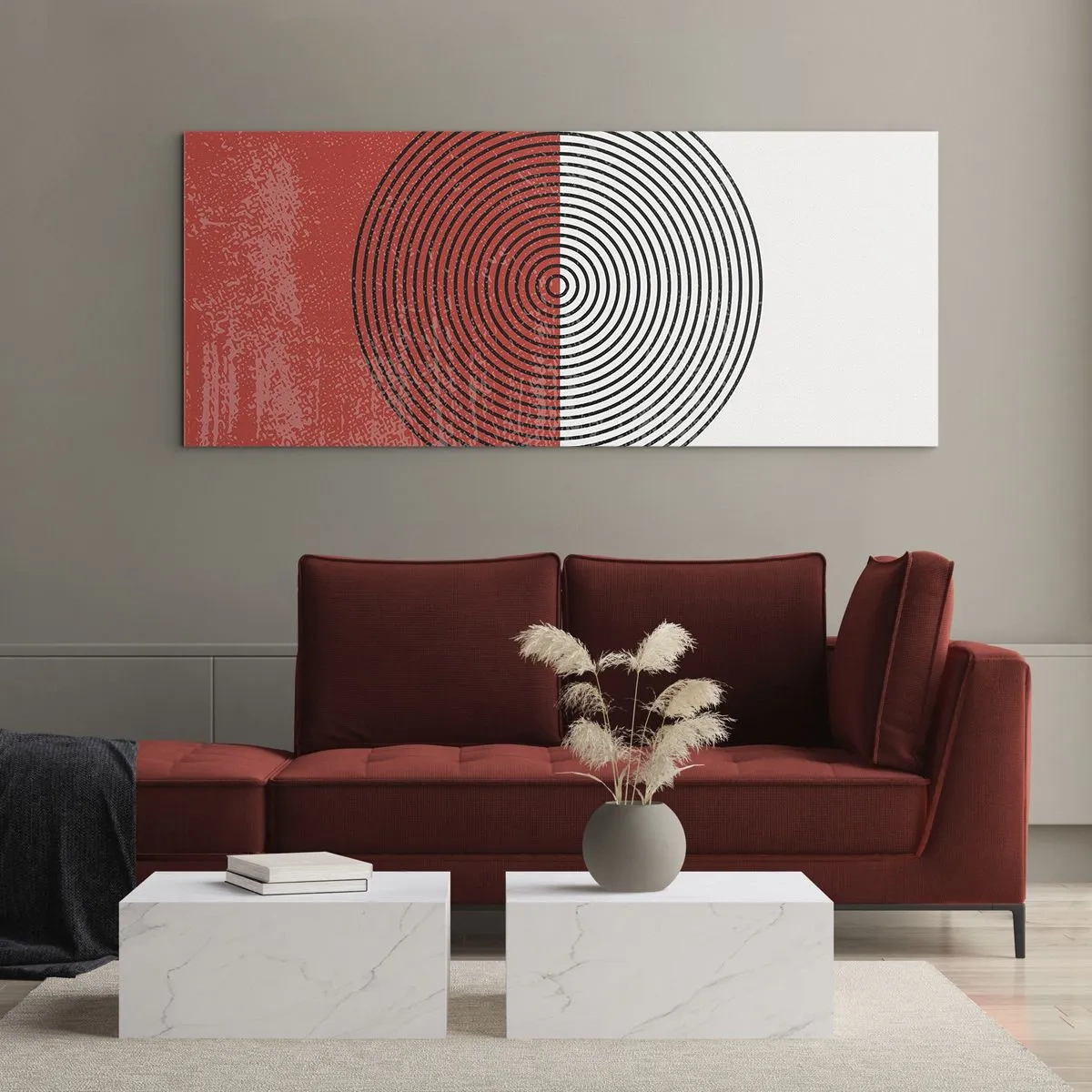 Quadro su vetro - Motivo geometrico con cerchi concentrici su sfondo rosso e bianco - 120x50cm - Dritto al centro - Decorazione murale moderna per soggiorno e camera da letto ARTTOR