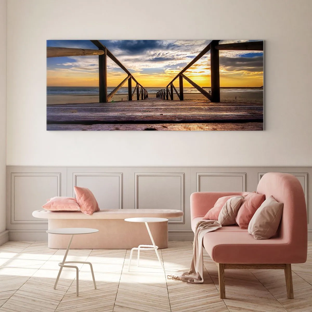 Quadro su vetro - Molo di legno che conduce alla spiaggia al tramonto - 120x50cm - Verso la spiaggia silenziosa al tramonto - Decorazione murale moderna per soggiorno e camera da letto ARTTOR