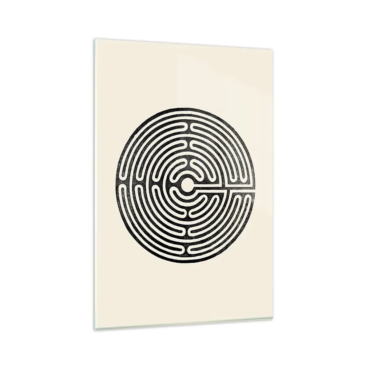 Quadro su vetro - Labirinto circolare bianco e nero su sfondo chiaro - 80x120cm - Ordine misterioso - Decorazione murale moderna per soggiorno e camera da letto ARTTOR