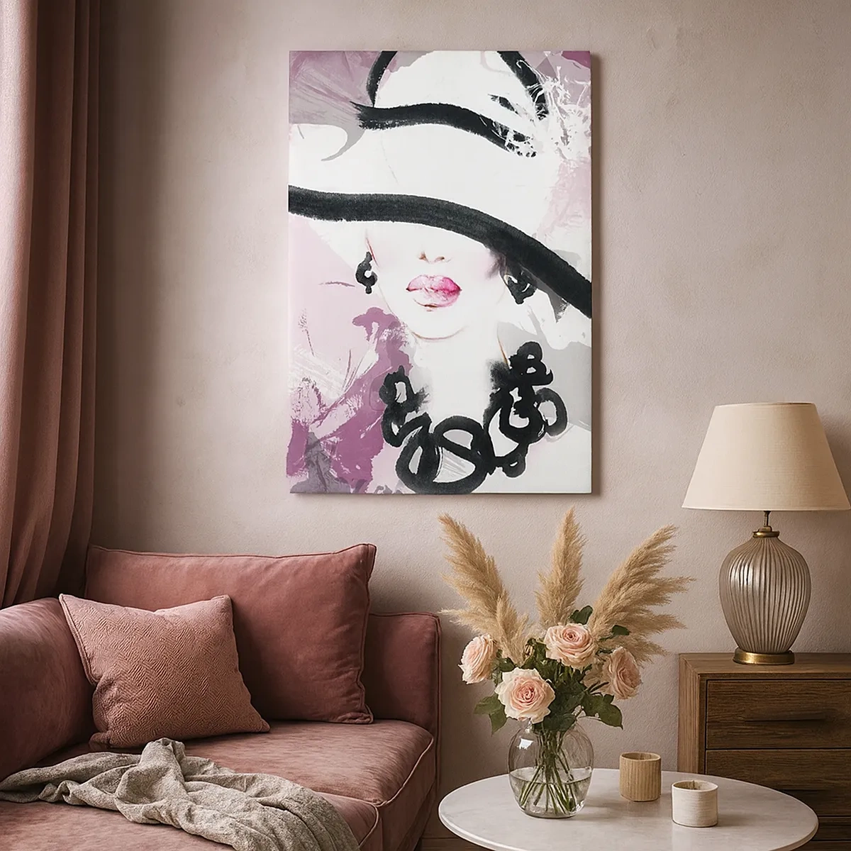 Quadro su tela - Stampe su Tela - Una donna elegante con un cappello su uno sfondo di astrazioni rosa. - 50x70cm - Ritratto di donna in nero e rosa - Decorazione murale moderna per soggiorno e camera da letto ARTTOR