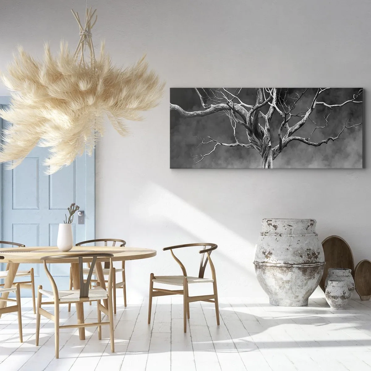 Quadro su tela - Stampe su Tela - Un albero secco in bianco e nero contro la nebbia - 140x50cm - Primordiale e sacro - Decorazione murale moderna per soggiorno e camera da letto ARTTOR