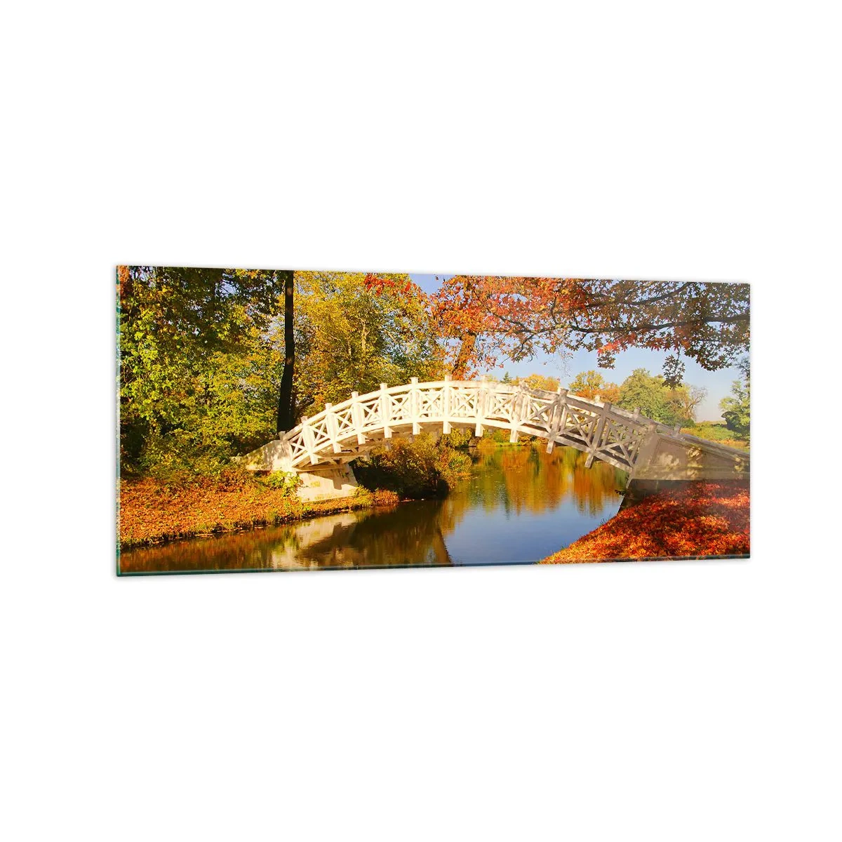 Quadro su vetro - Un ponte in un parco circondato da foglie autunnali su acque calme - 120x50cm - Sul bianco ponticello dei sospiri - Decorazione murale moderna per soggiorno e camera da letto ARTTOR