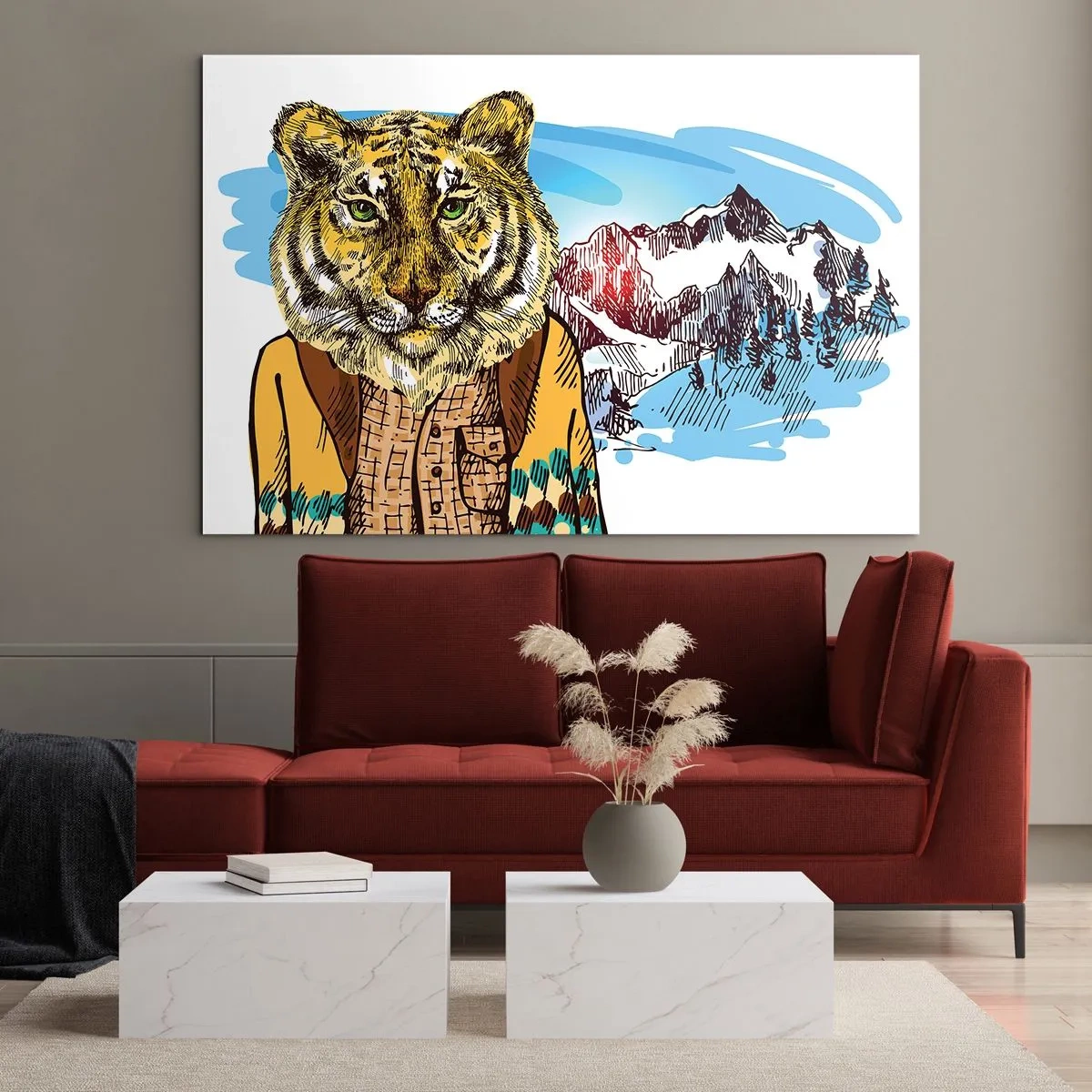 Quadro su vetro - Una tigre con un gilet sullo sfondo di un paesaggio montano - 70x50cm - Non così selvaggia come la si dipinge - Decorazione murale moderna per soggiorno e camera da letto ARTTOR