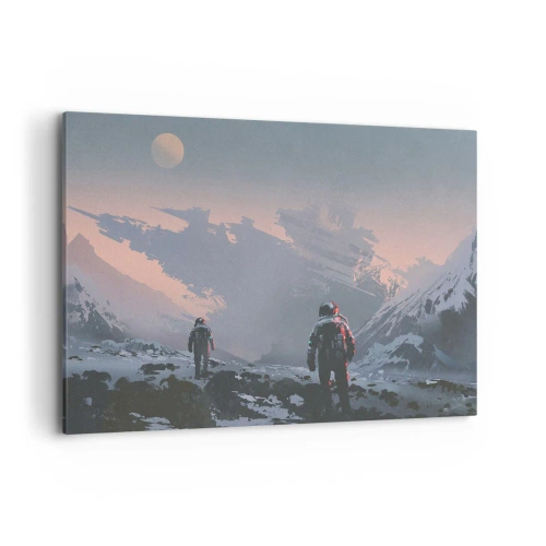 Quadro su tela - Stampe su Tela - Astronauti su un pianeta alieno con un relitto di astronave - 120x80cm - Sotto una stella sconosciuta - Decorazione murale moderna per soggiorno e camera da letto ARTTOR