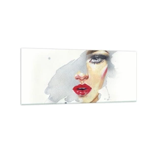 Quadro su vetro - Ritratto ad acquerello di una donna dallo sguardo intenso. - 120x50cm - Riflesso in una goccia d'acqua - Decorazione murale moderna per soggiorno e camera da letto ARTTOR