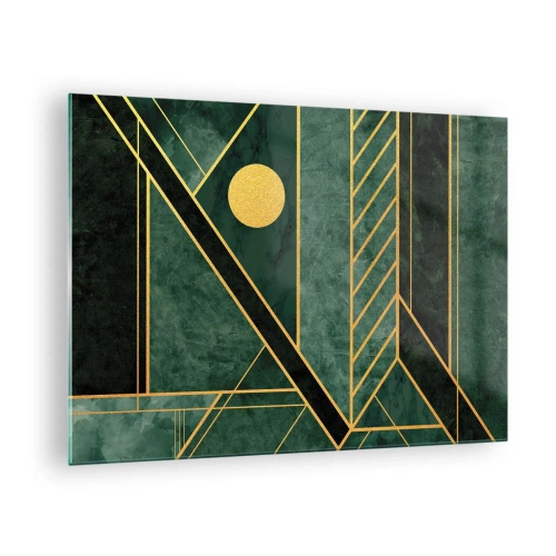 Quadro su vetro - Astrazione geometrica verde e oro in stile Art Déco - 70x50cm - Dinamica di oro e azzurro - Decorazione murale moderna per soggiorno e camera da letto ARTTOR