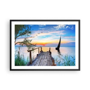 Poster in cornice nera - Molo del lago con barca e tramonto - 70x50cm - Buona sera - Decorazione murale moderna per soggiorno e camera da letto ARTTOR