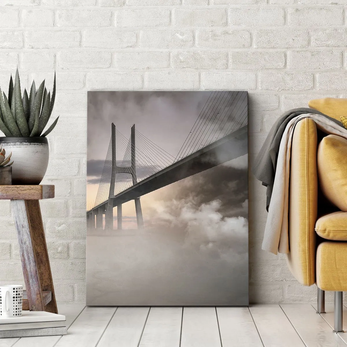 Quadro su tela - Stampe su Tela - Un ponte sopra un fiume circondato dalla nebbia al mattino - 50x70cm - Sul fiume che non c'è - Decorazione murale moderna per soggiorno e camera da letto ARTTOR