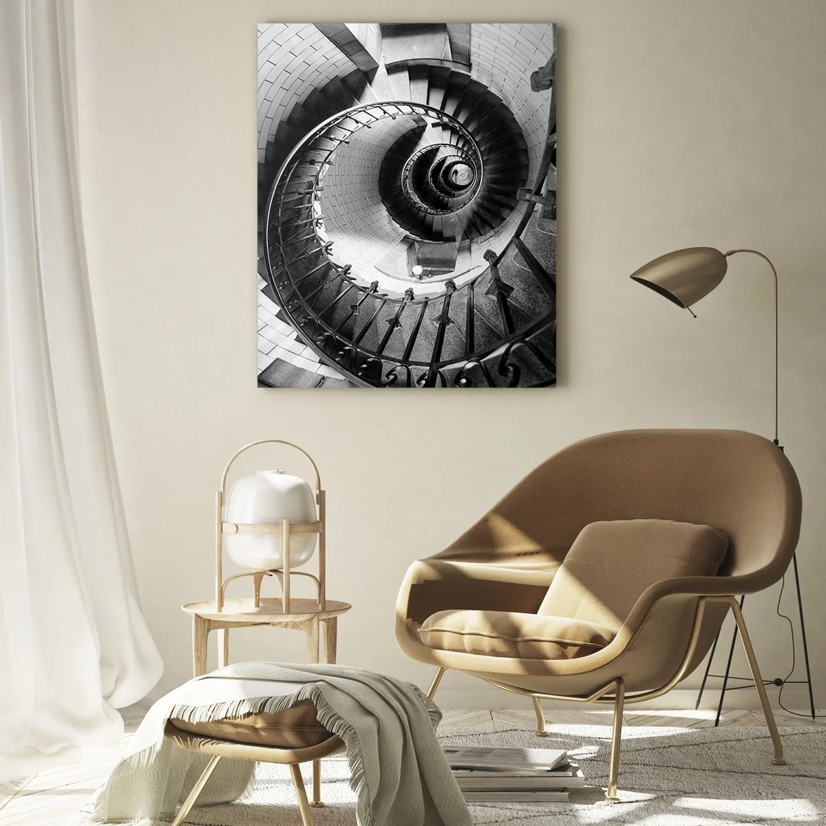 Quadro su vetro - Foto in bianco e nero di una scala a chiocciola in prospettiva - 50x70cm - Ancora più in alto - Decorazione murale moderna per soggiorno e camera da letto ARTTOR