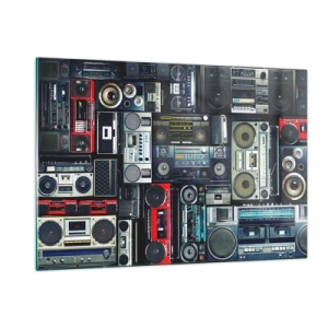 Quadro su vetro - Un collage di radio e registratori retrò su uno sfondo scuro. - 120x80cm - Nostalgia degli anni '80 - Decorazione murale moderna per soggiorno e camera da letto ARTTOR