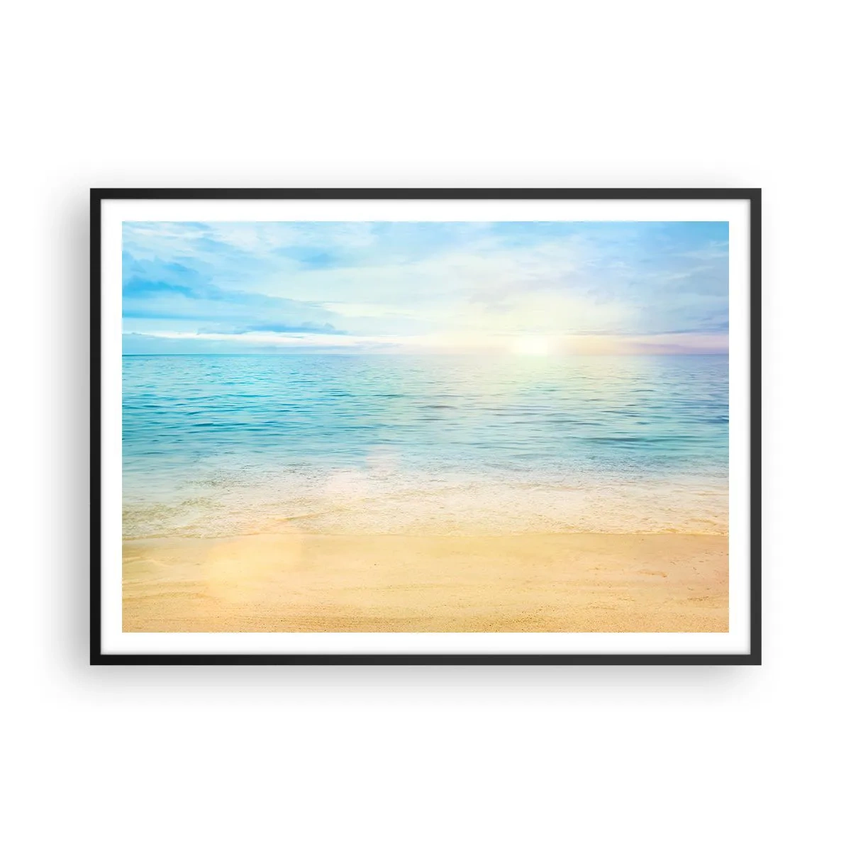 Poster in cornice nera - Una spiaggia con mare turchese e cielo limpido - 100x70cm - Il grande blu - Decorazione murale moderna per soggiorno e camera da letto ARTTOR
