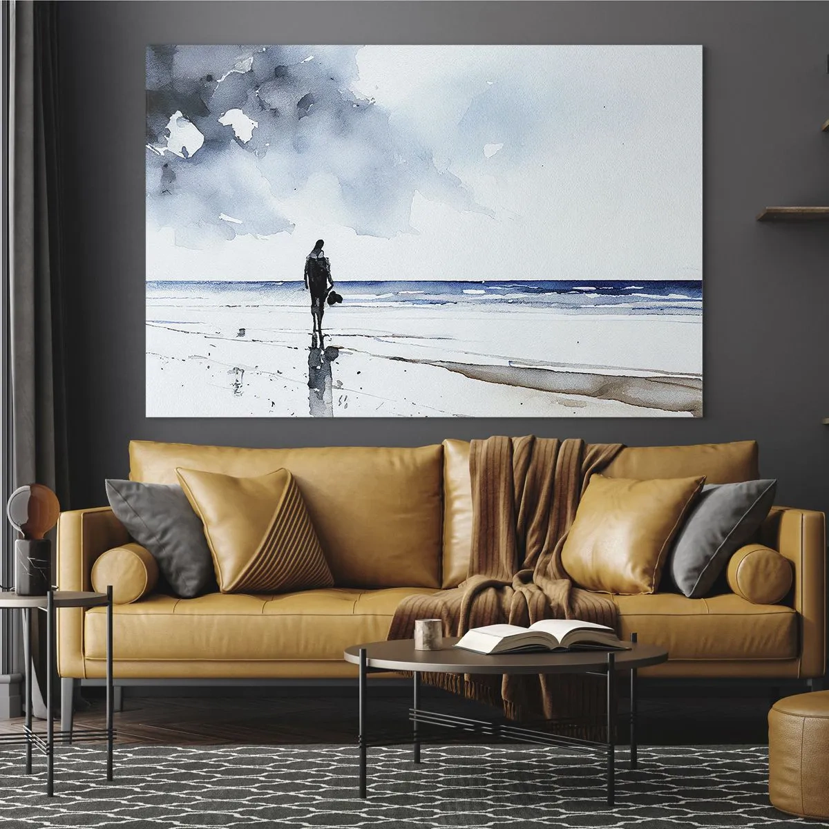 Quadro su vetro - Silhouette di una persona in riva al mare in delicato acquerello - 100x70cm - Dialogo con il mare - Decorazione murale moderna per soggiorno e camera da letto ARTTOR