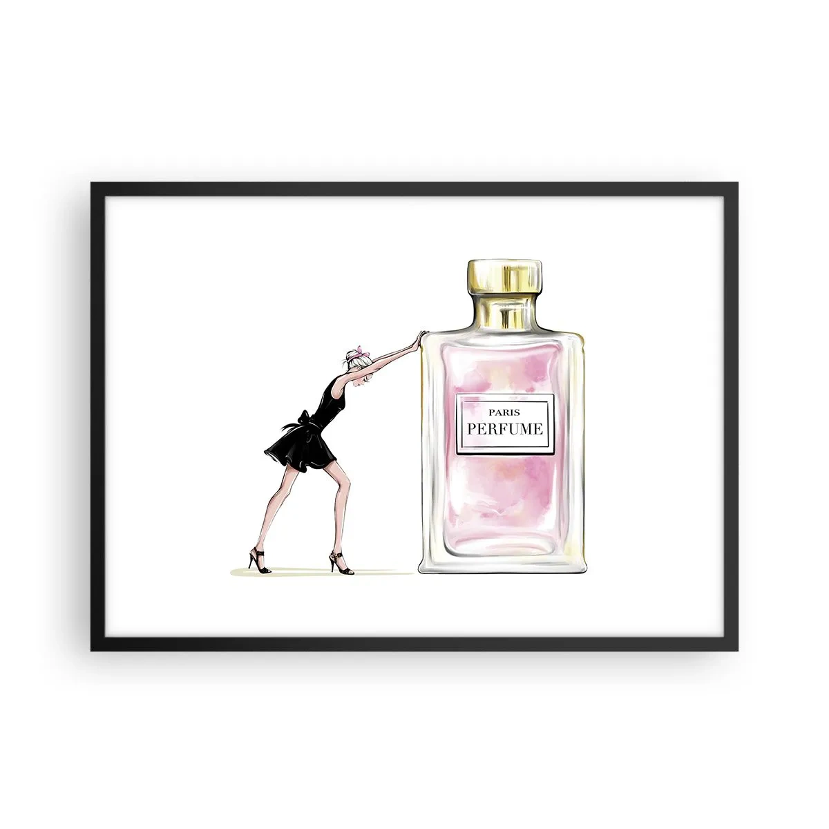 Poster in cornice nera - Una donna in abito nero accanto a una bottiglia di profumo - 70x50cm - L'essenza della femminilità - Decorazione murale moderna per soggiorno e camera da letto ARTTOR