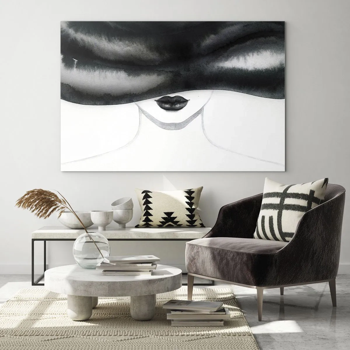 Quadro su vetro - Volto misterioso con occhi coperti in acquerello bianco e nero - 100x70cm - Il segreto dei sensi - Decorazione murale moderna per soggiorno e camera da letto ARTTOR