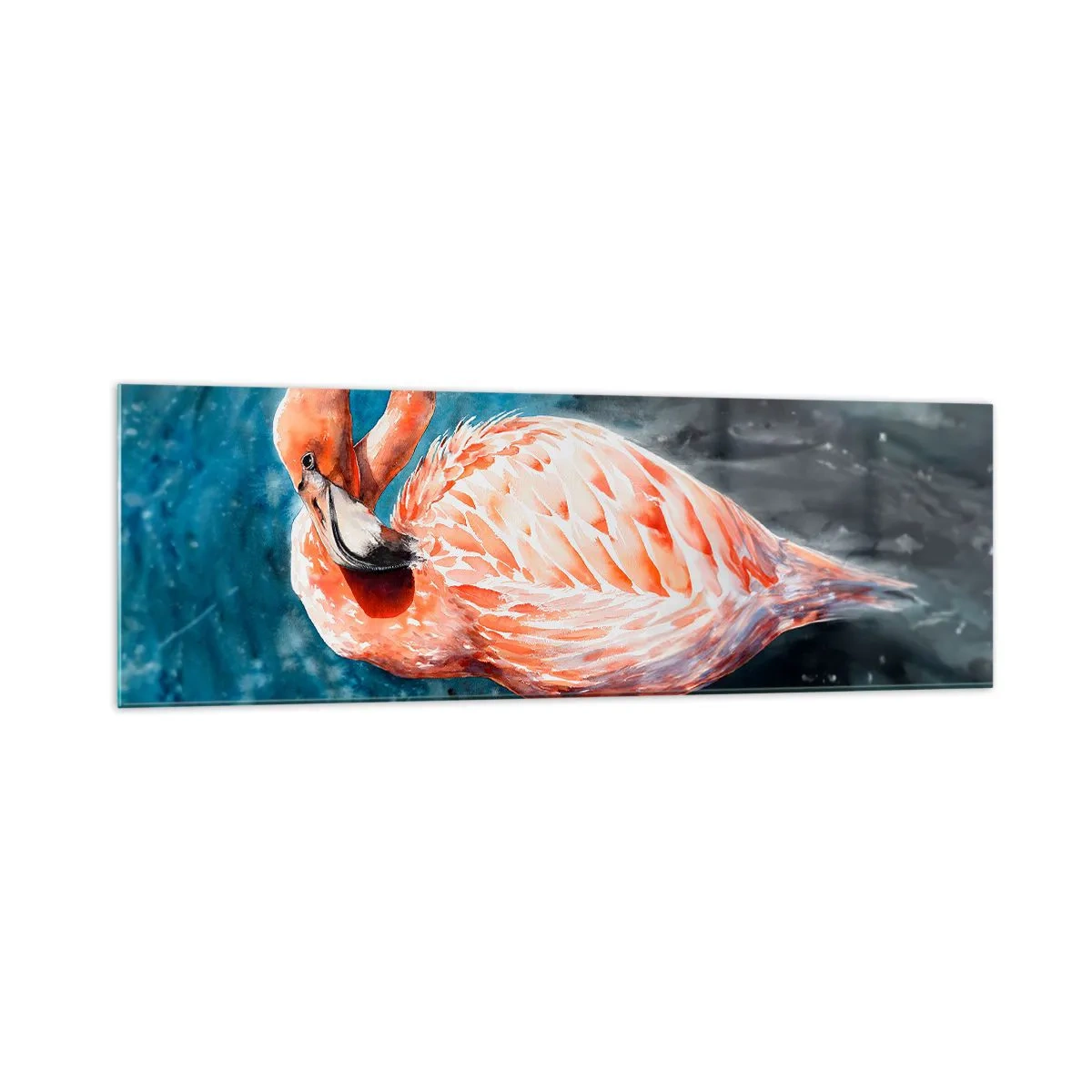 Quadro su vetro - Un fenicottero rosa su uno sfondo blu acquerello - 160x50cm - Naturalmente decorativo  - Decorazione murale moderna per soggiorno e camera da letto ARTTOR