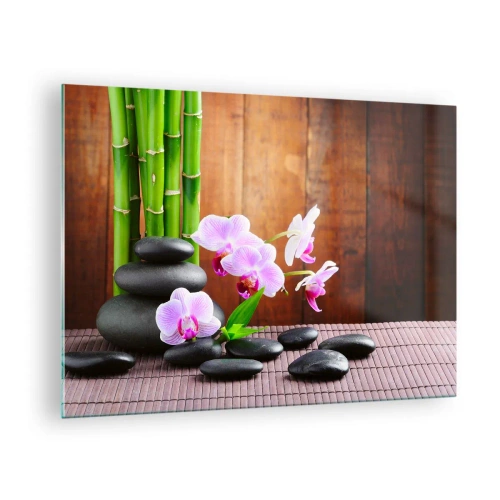 Quadro su vetro - Orchidee rosa, bambù e pietre nere contro una parete di legno - 70x50cm - Scopri i piaceri dell'oriente - Decorazione murale moderna per soggiorno e camera da letto ARTTOR