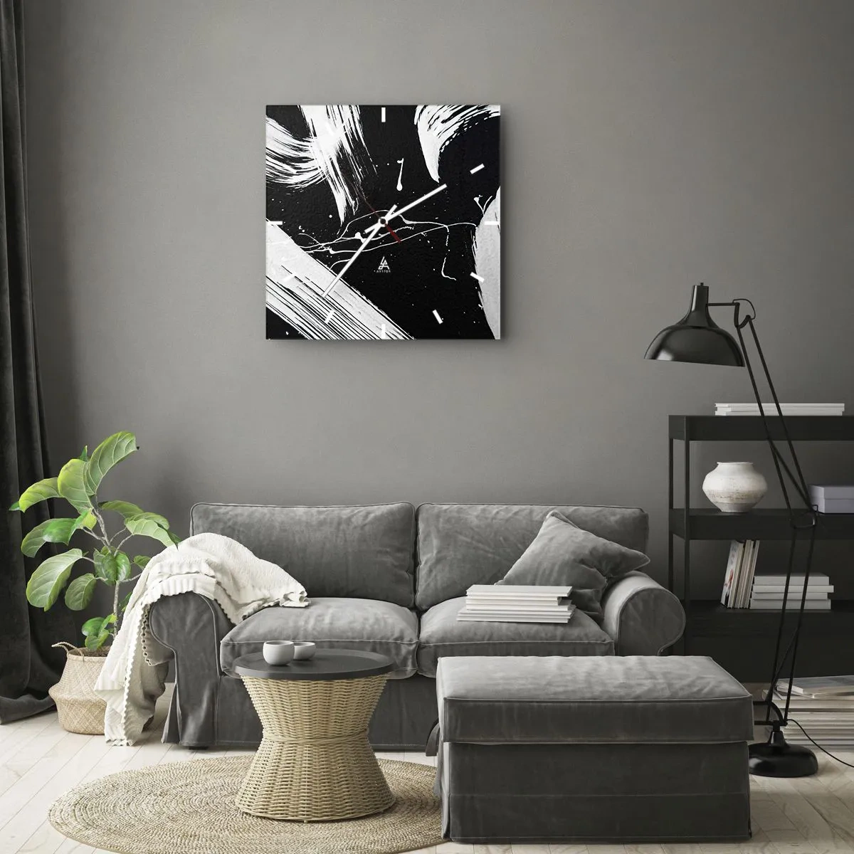 Orologio da parete - Orologio in Vetro - Tratti bianchi astratti su sfondo nero - 30x30cm - Spezzando l'oscurità - Decorazione murale moderna per soggiorno e camera da letto ARTTOR