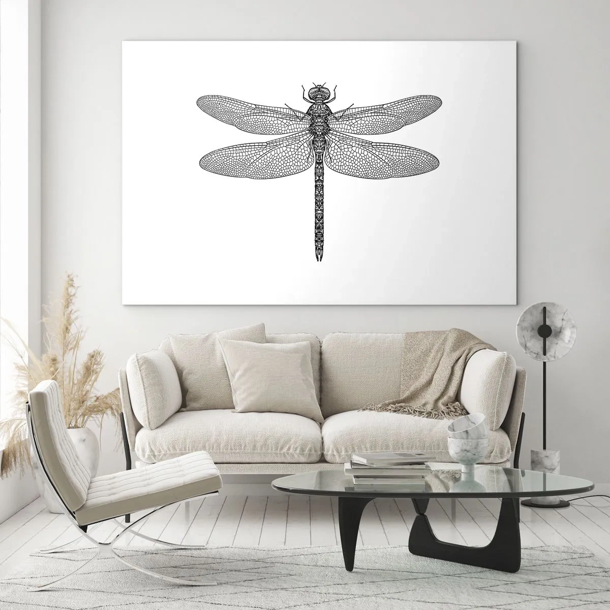 Quadro su vetro - Illustrazione dettagliata di una libellula in stile incisione su sfondo bianco - 120x80cm - La precisione della natura - Decorazione murale moderna per soggiorno e camera da letto ARTTOR