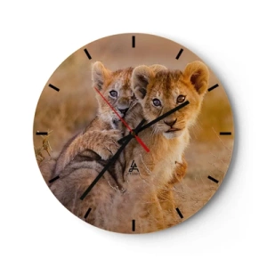 Orologio da parete - Orologio in Vetro - Due cuccioli di leone nel loro habitat naturale della savana - 30x30cm - Non disturbare! Giochiamo - Decorazione murale moderna per soggiorno, cucina e camera da letto ARTTOR
