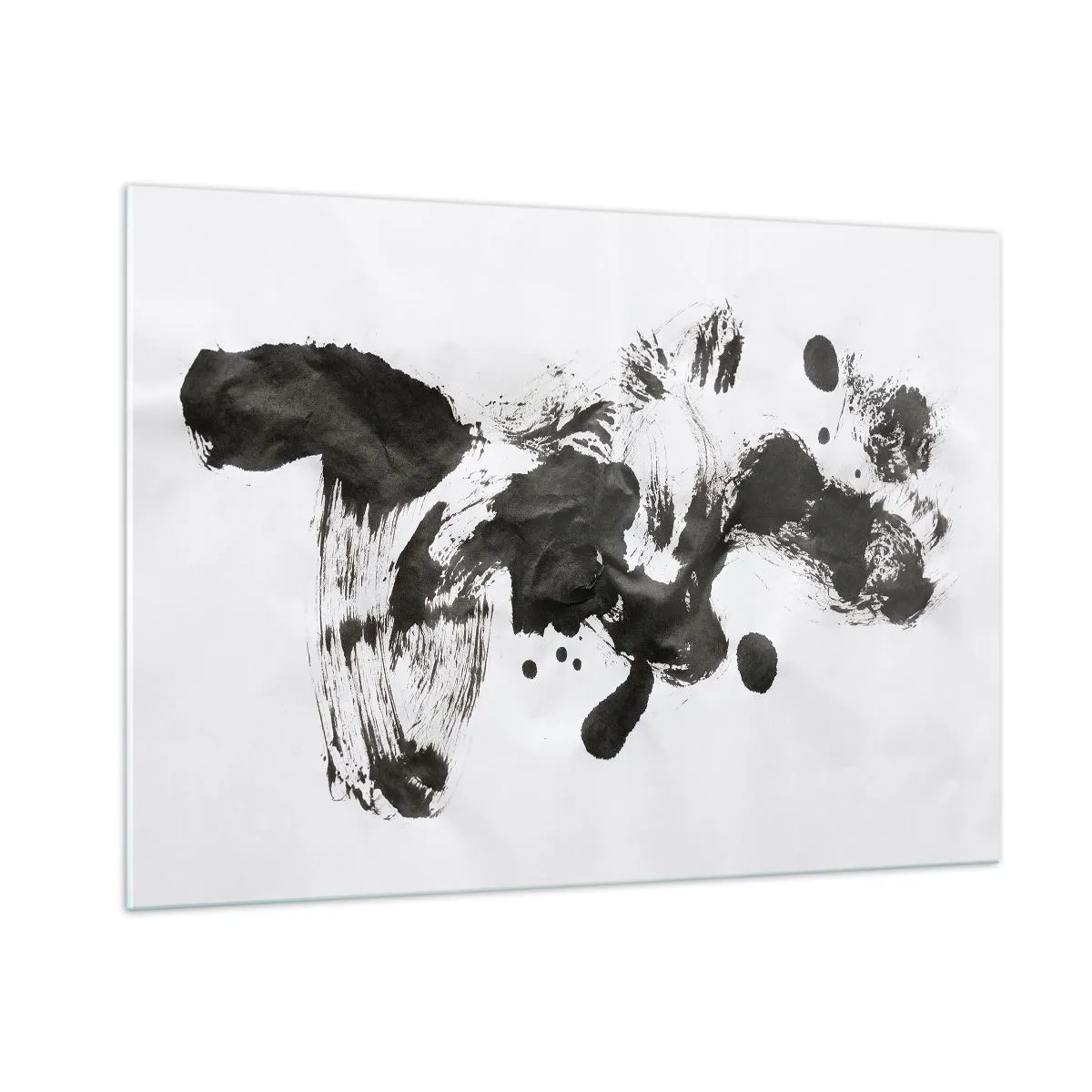 Quadro su vetro - Macchia nera astratta e pennellate su sfondo bianco - 100x70cm - C'è un senso nella follia? - Decorazione murale moderna per soggiorno e camera da letto ARTTOR