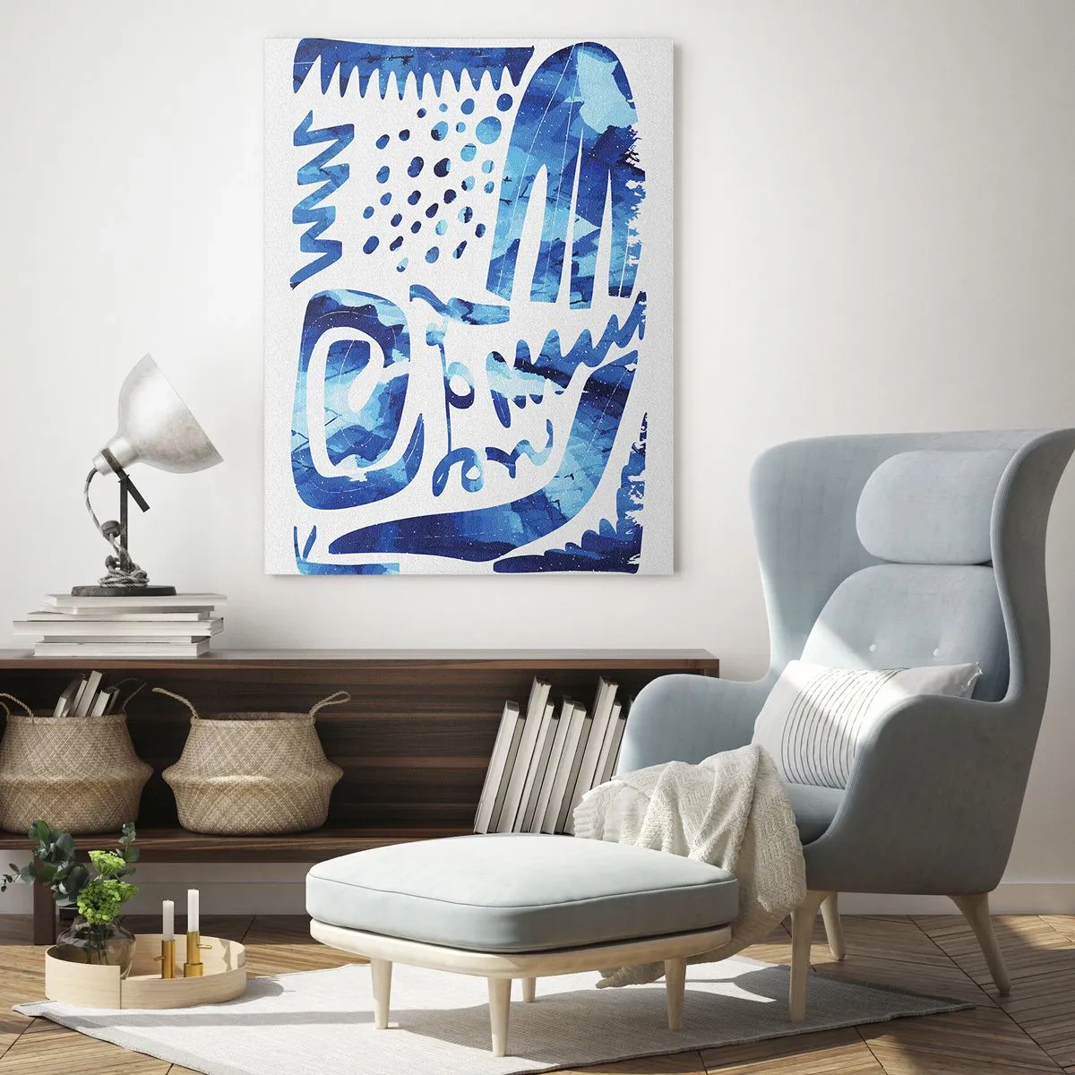 Quadro su vetro - Astrazione dinamica blu con forme geometriche - 50x70cm - Ritorno alle radici - Decorazione murale moderna per soggiorno e camera da letto ARTTOR