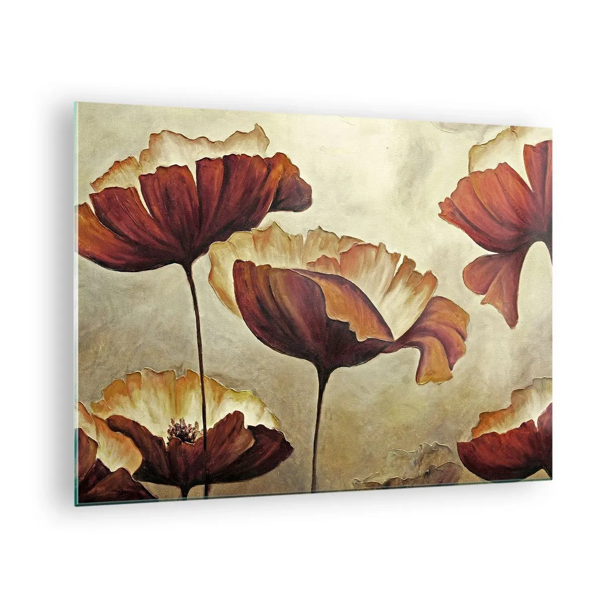 Quadro su vetro - Fiori di papavero nei toni del rosso e dell'oro su uno sfondo chiaro - 70x50cm - Nei prati e nei campi - Decorazione murale moderna per soggiorno e camera da letto ARTTOR