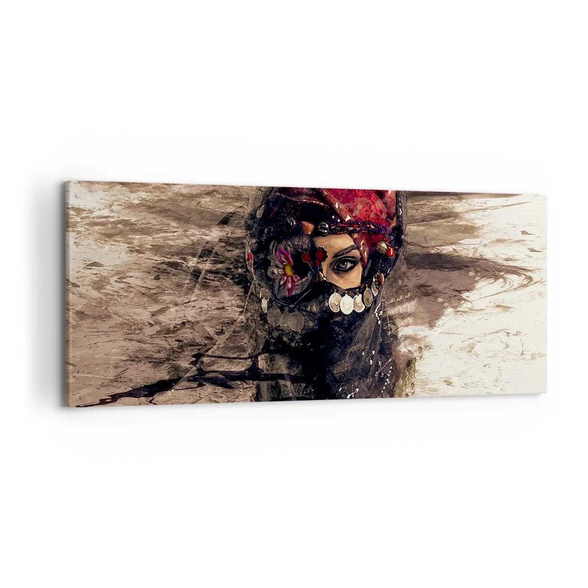 Quadro su tela - Stampe su Tela - Ritratto artistico di una donna in abiti orientali su uno sfondo astratto. - 120x50cm - Quantomeno inquietante - Decorazione murale moderna per soggiorno e camera da letto ARTTOR