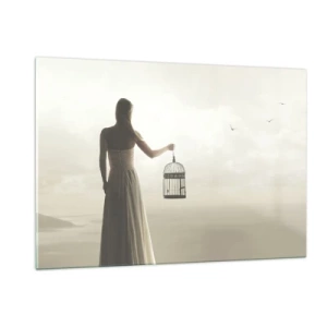 Quadro su vetro - Una donna con una gabbia osserva gli uccelli che volano via contro il cielo - 120x80cm - Sii libera - Decorazione murale moderna per soggiorno e camera da letto ARTTOR