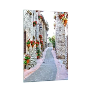 Quadro su vetro - Una strada stretta con edifici in pietra decorati con vasi di fiori - 80x120cm - Atmosfera italiana - Decorazione murale moderna per soggiorno e camera da letto ARTTOR