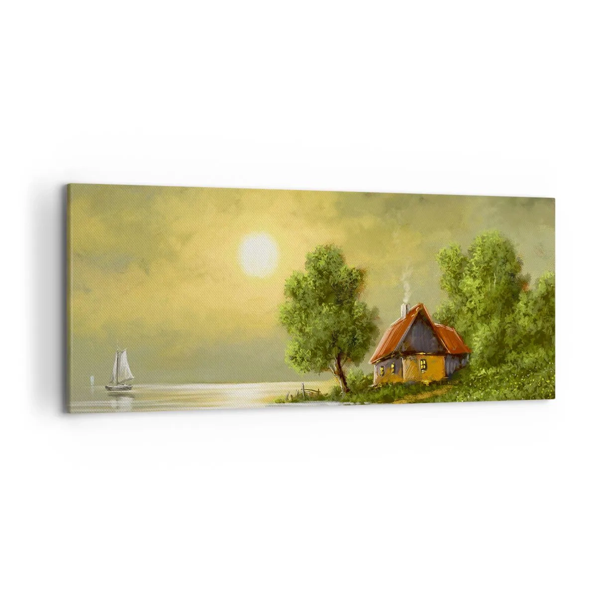 Quadro su tela - Stampe su Tela - Casa sul lago alla luce del tramonto - 120x50cm - Bello come un quadro - Decorazione murale moderna per soggiorno e camera da letto ARTTOR