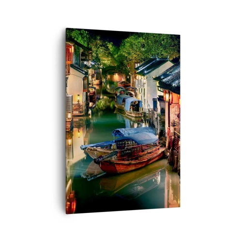 Quadro su tela - Stampe su Tela - Vista notturna dei canali con barche e case tradizionali - 70x100cm - Sera in una via cinese - Decorazione murale moderna per soggiorno e camera da letto ARTTOR