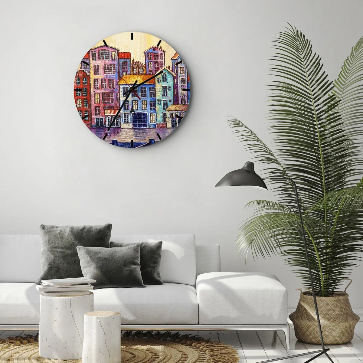 Orologio da parete - Orologio in Vetro - Case popolari colorate riflesse nell'acqua in stile impressionista - 30x30cm - Una città da favola - Decorazione murale moderna per soggiorno, cucina e camera da letto ARTTOR