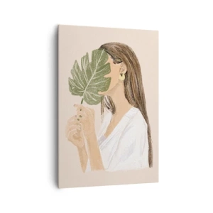 Quadro su tela - Stampe su Tela - Ritratto di una donna con una foglia di monstera su uno sfondo beige - 70x100cm - Misterioso ritratto con ventaglio - Decorazione murale moderna per soggiorno e camera da letto ARTTOR