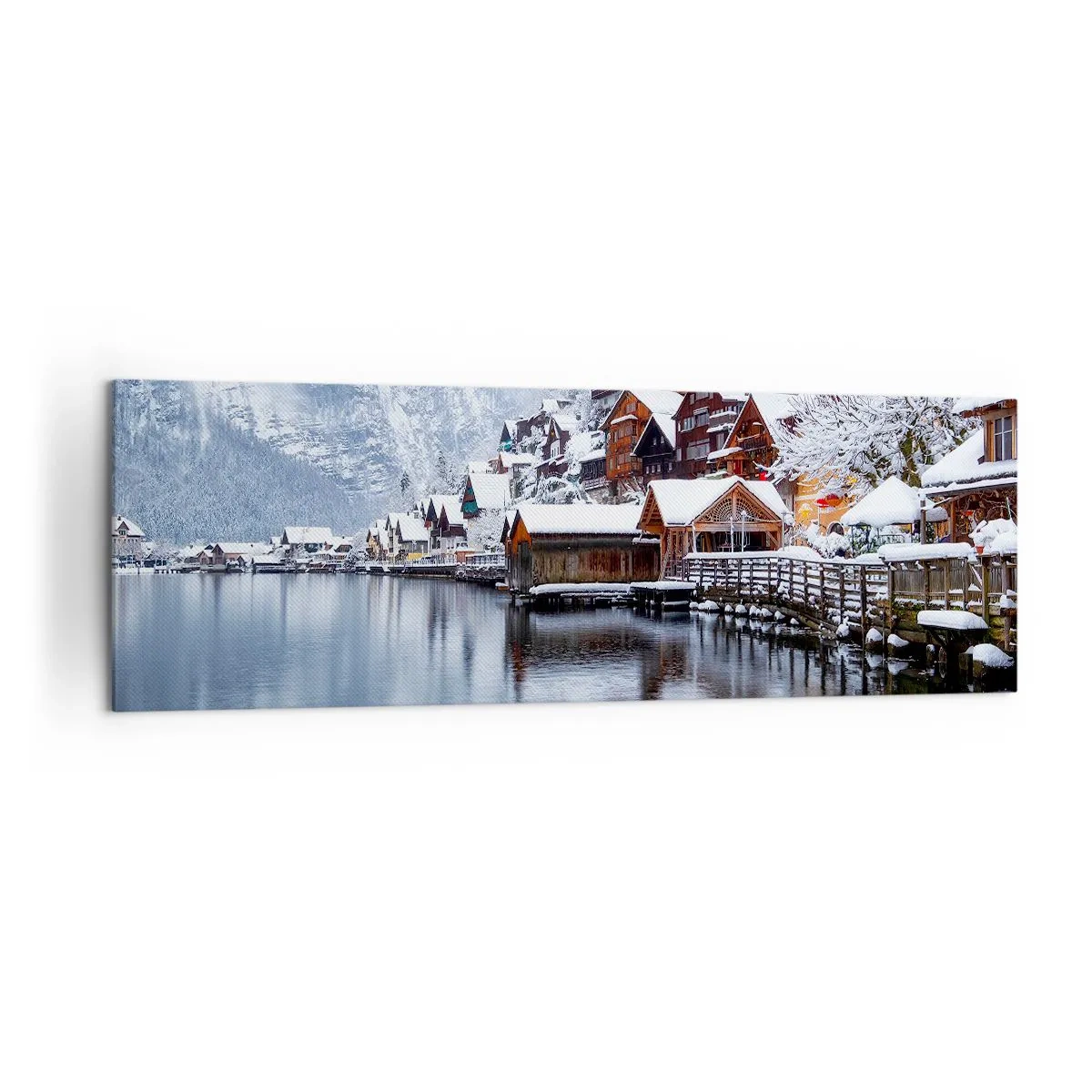 Quadro su tela - Stampe su Tela - Vista invernale di un villaggio di montagna in riva al lago - 160x50cm - Decorazione invernale - Decorazione murale moderna per soggiorno e camera da letto ARTTOR