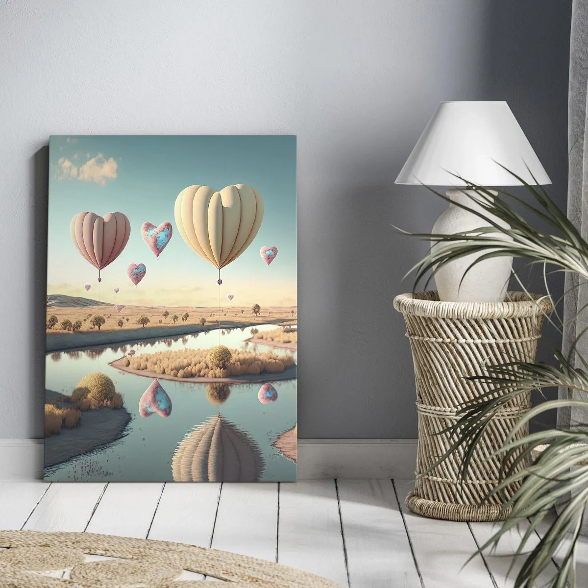 Quadro su tela - Stampe su Tela - Palloncini a forma di cuore che fluttuano sopra il paesaggio - 80x120cm - L'amore permette di volare - Decorazione murale moderna per soggiorno e camera da letto ARTTOR